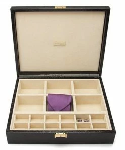 Renzo Romagnoli Renzo - Crocodile Print Leather Tie & Cufflink Case Black